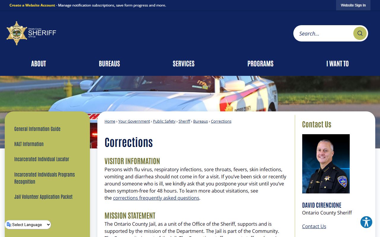 Ontario County Jail corrections page for custody programs and direct supervision
