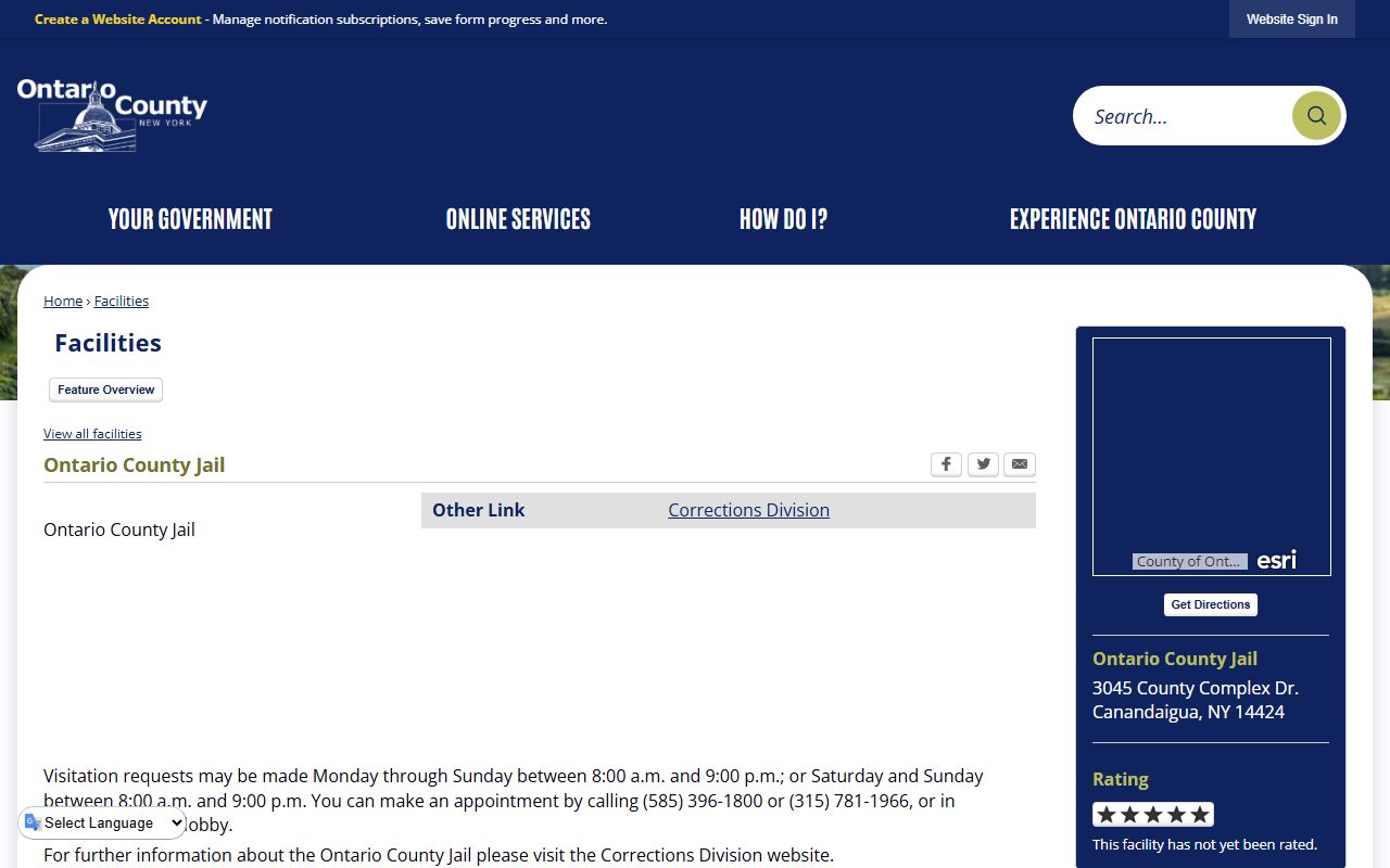 Ontario County Jail facility listing for inmate custody information