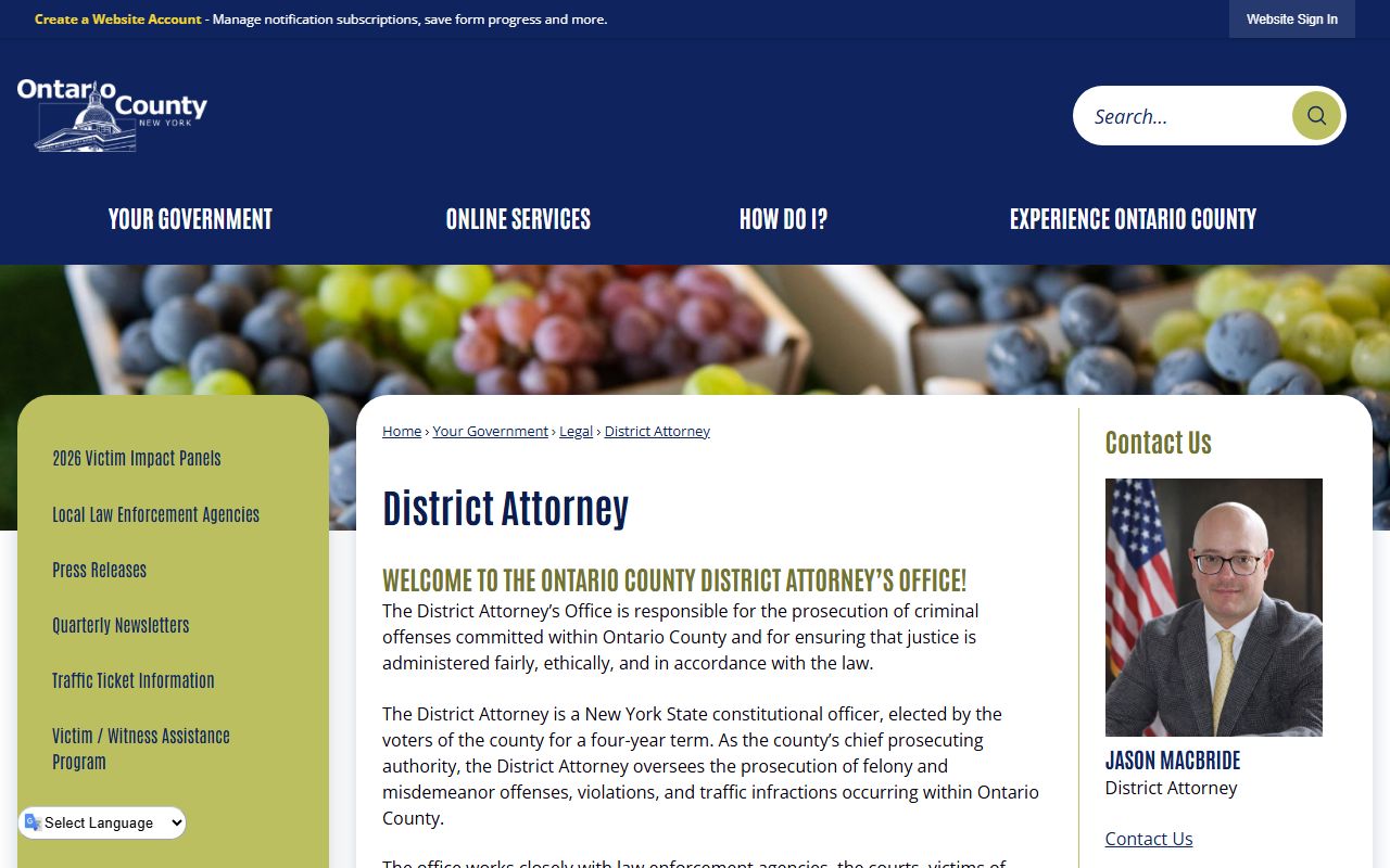 Ontario County District Attorney page for court records after jail arrest