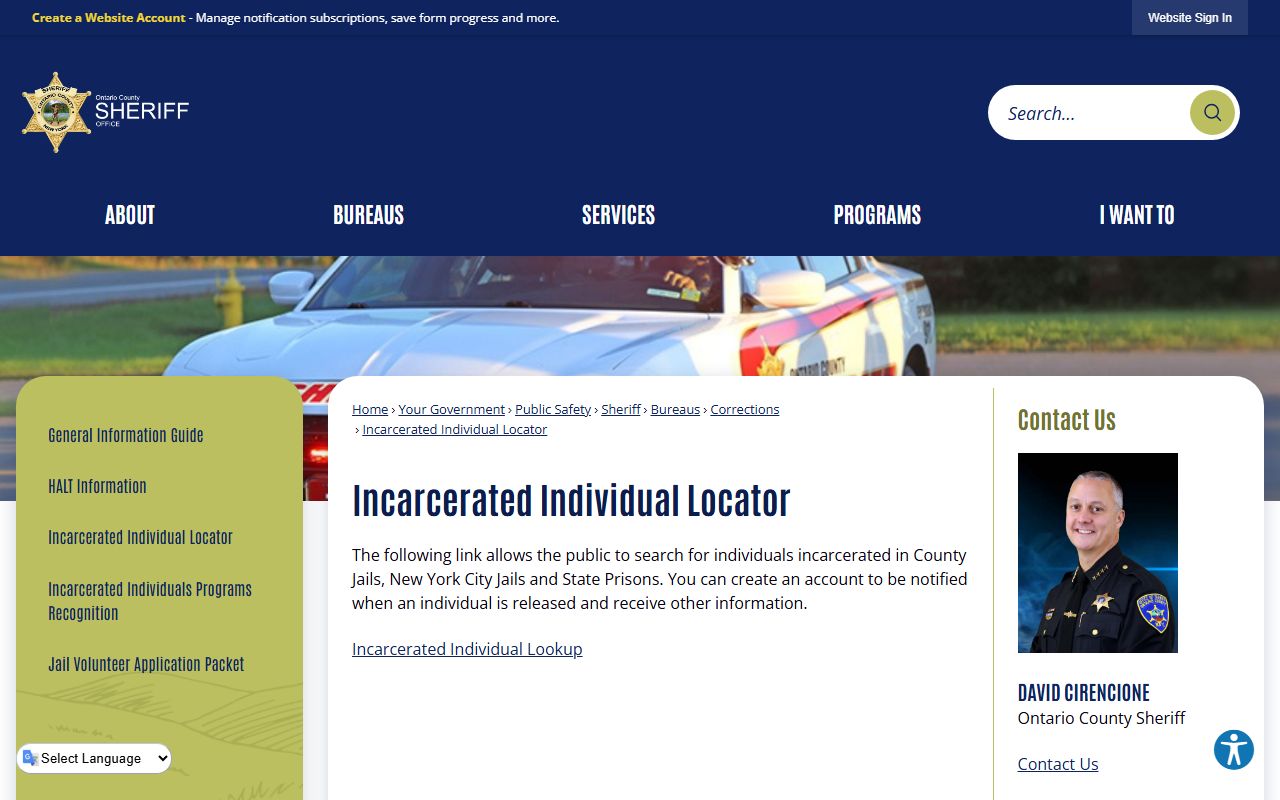 Ontario County inmate records locator page for jail roster search