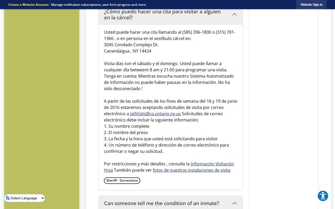 Ontario County Jail FAQ for visitation and inmate custody rules