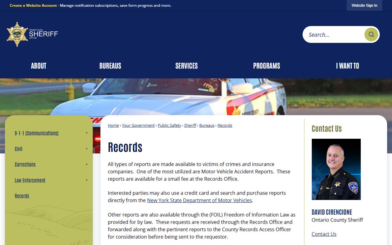 Ontario County Sheriff Records page for inmate and jail record requests