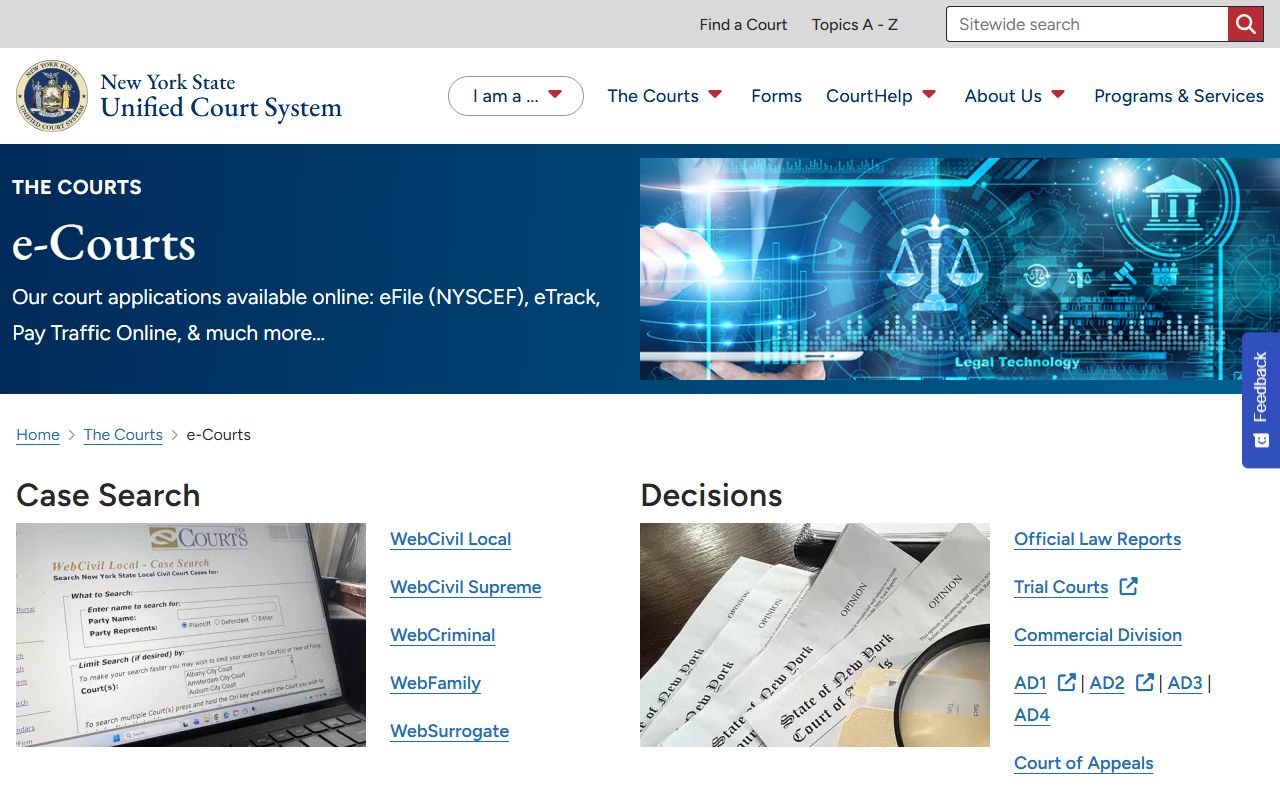 New York e-Courts page for Ontario County court records after arrest